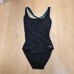 Speedo One Piece Swimsuit Black Blue Trim Ultraback Athletic Sporty Padded Sz 8